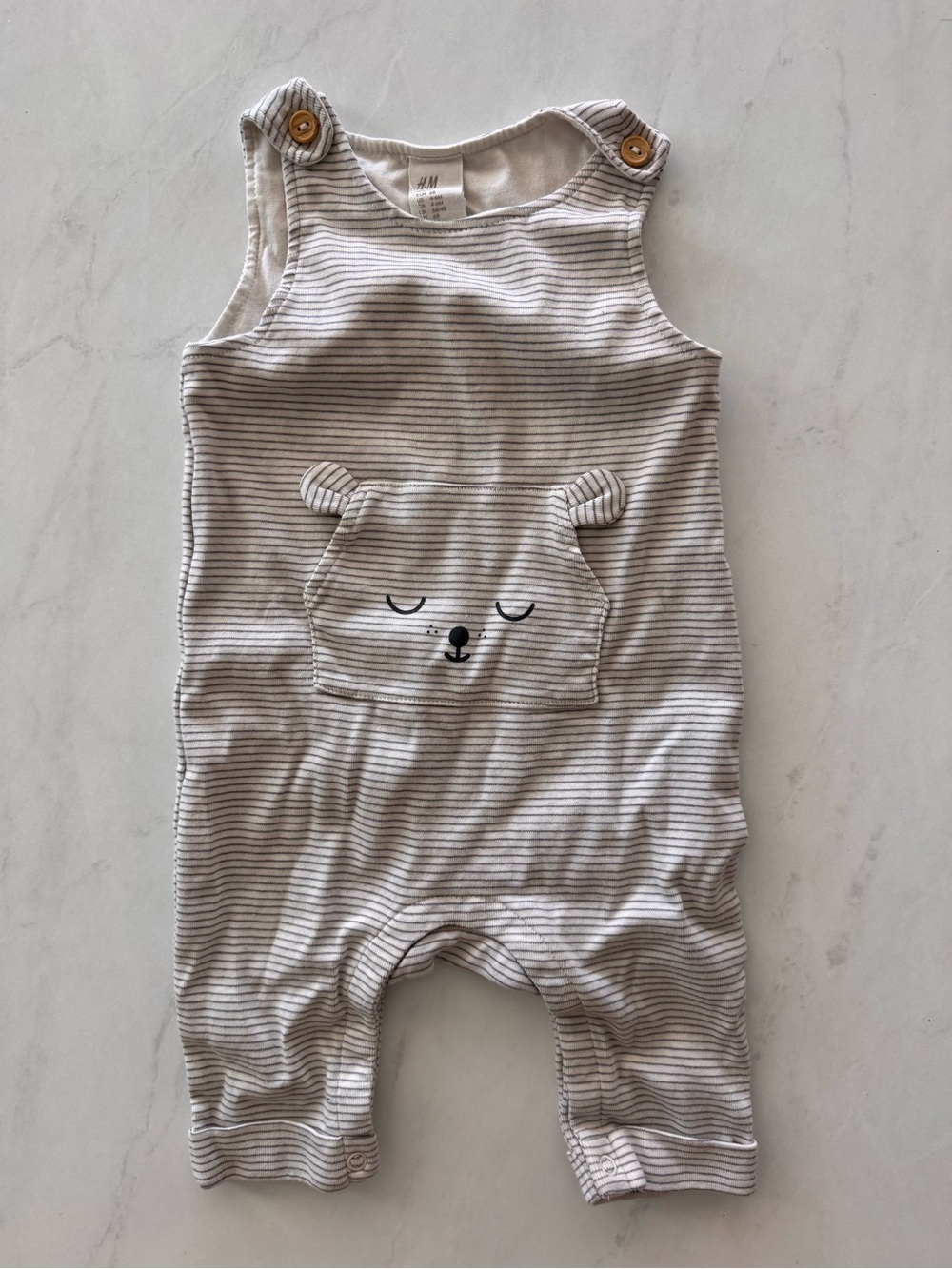 H&M Organic Cotton Striped Bear Pocket Sleeveless Knit Romper 4-6 Months